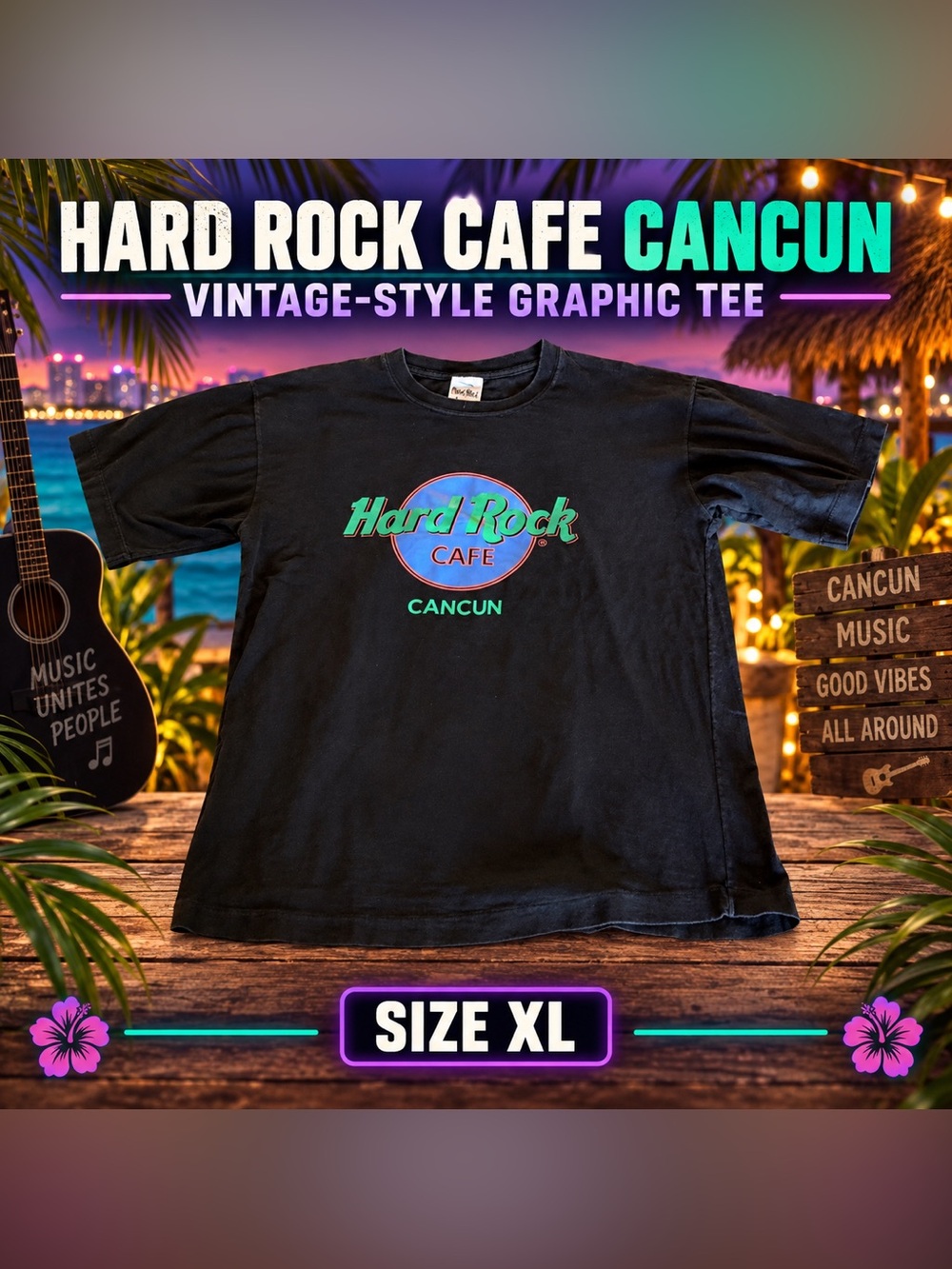 #0339 Vintage Hard Rock Cafe Cancun Mexico Black Graphic T-Shirt Size XL
